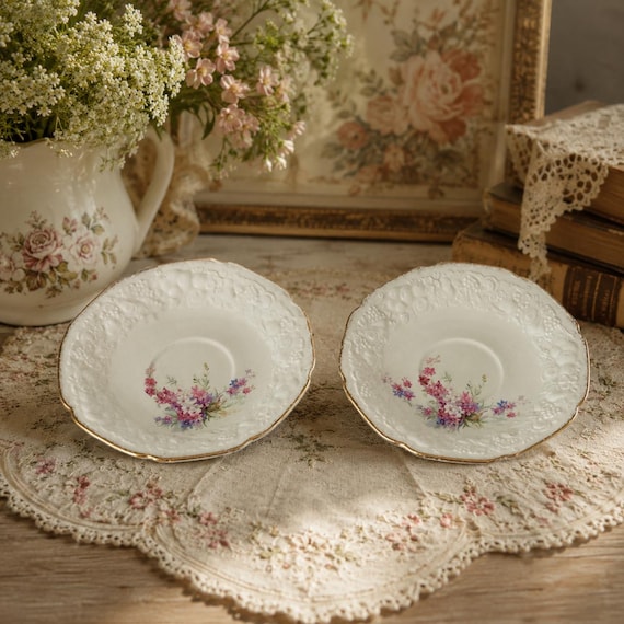 Vintage Crown Ducal Florentine Picardy Saucers Pair Hand Painted England 18K Gold