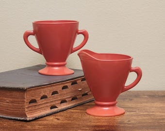 Hazel Atlas Ovide Rust Milk Glass Creamer & Sugar Bowl — Sleek Mid Century Retro Inspired
