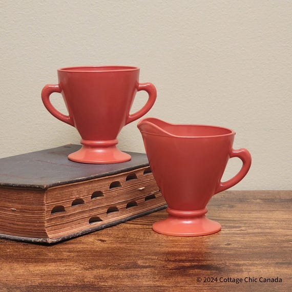 Hazel Atlas Ovide Rust Milk Glass Creamer & Sugar Bowl — Sleek Mid Century Retro Inspired