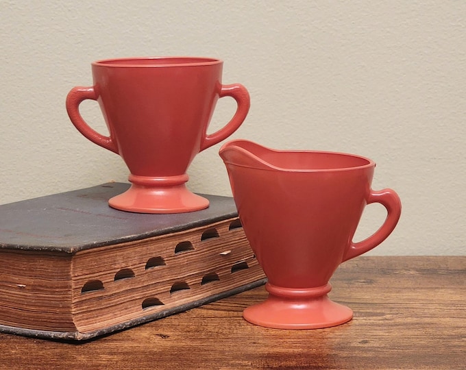 Hazel Atlas Ovide Rust Milk Glass Creamer & Sugar Bowl — Sleek Mid Century Retro Inspired