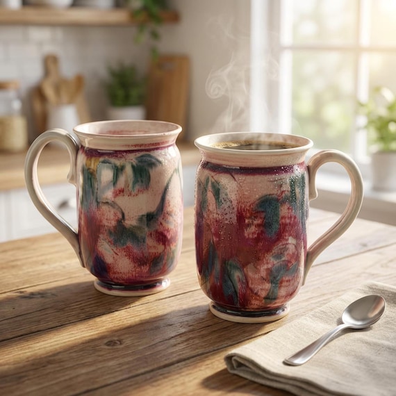 Handmade Reactive Glaze Ceramic Mugs Pair – Artisan Pottery Stoneware in Earthy Tones