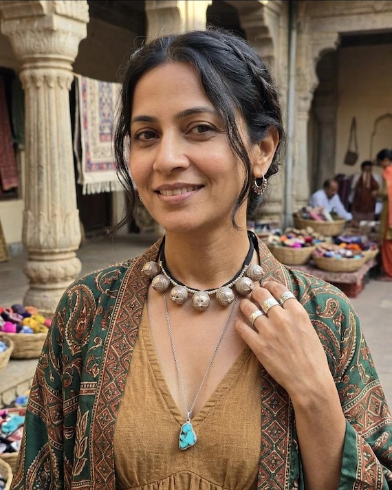 Vintage Boho Silver Tone Bell Charm Choker Necklace, Afghan Turkmen Style Tribal Jewellery