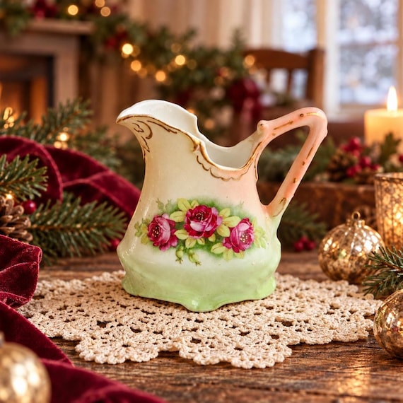Antique Austrian Porcelain Creamer, Hand-Painted Pink Roses & Gold, Victorian Cottage Decor