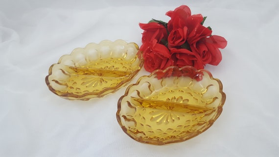 Fairfield Amber Relish Dish Bowl by Anchor Hocking, Mid Century Modern, Set of 2