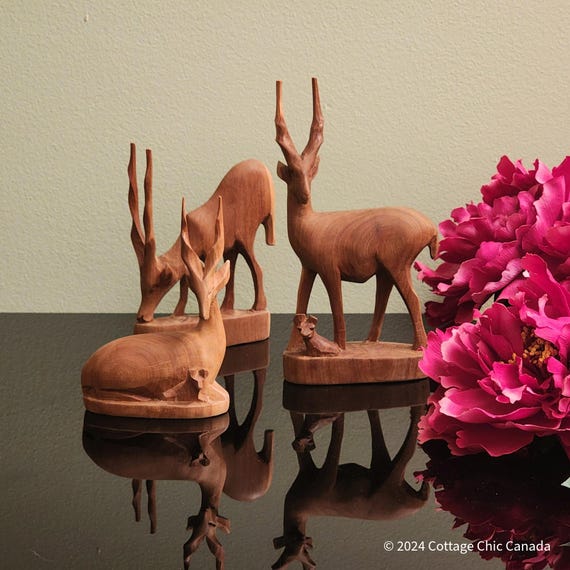 Hand Carved Teak Antelope Figurines: Mid-Century Danish Decor