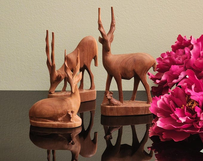 Mid Century Hand Carved Teak Wood Antelope Figures Trio – Vintage Handmade Danish Inspired Art Home Decor