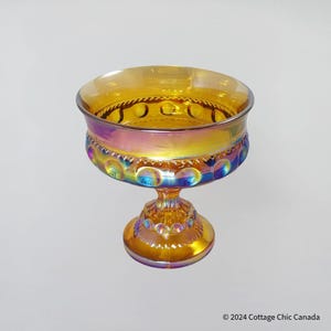 Indiana Thumbprint Marigold Iridescent Carnival Glass Pedestal Candy Dish Bowl