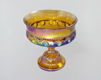 Indiana Thumbprint Marigold Iridescent Carnival Glass Pedestal Candy Dish Bowl