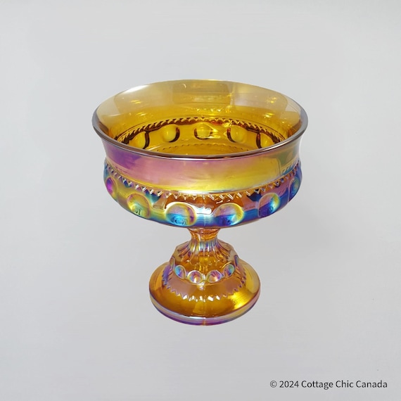 Indiana Glass Thumbprint Pedestal Candy Dish Bowl – Marigold Iridescent Carnival Glass