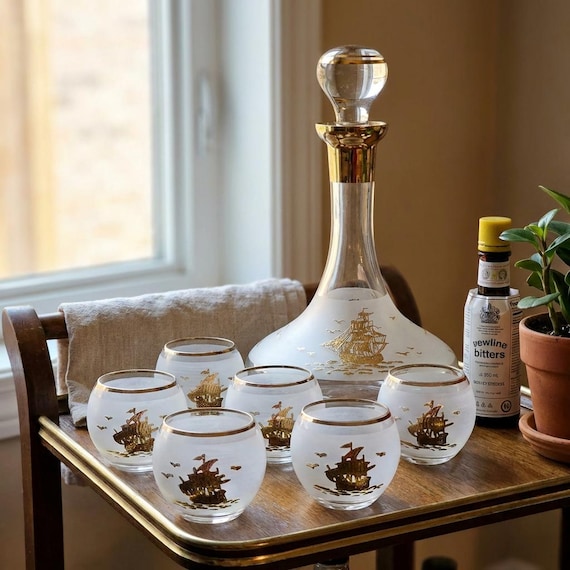 Bohemia Crystal Frosted Decanter Set, 22k Gold Trim Nautical Ship Glasses