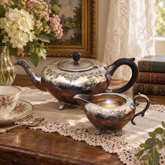 Antique Standard Silver Co Silverplate Teapot Creamer Set Edwardian Floral Canada