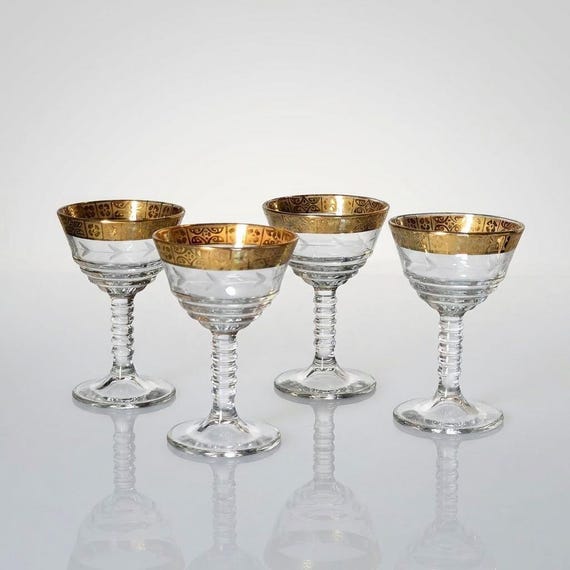 Set of 4 Vintage Federal Glass Cocktail Glasses, 22K Gold Rim Barware, 145R-10