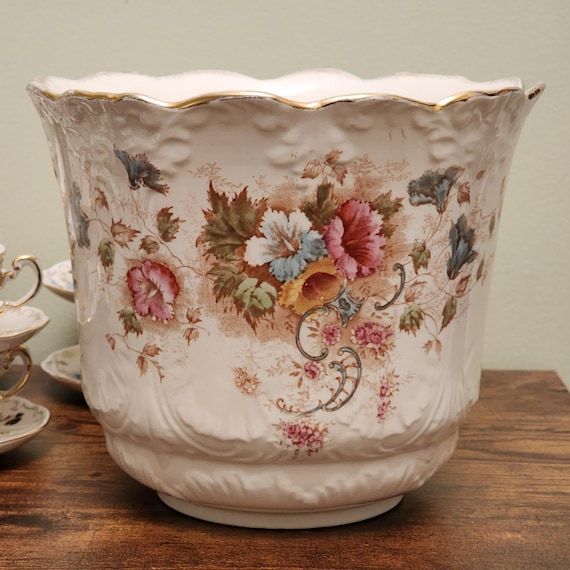 S Fielding Elm Porcelain Jardiniere Planter Pot – Pink Blue and Yellow Floral Design England