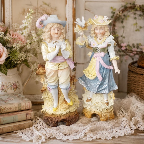 Antique Unger Schneider Victorian Bisque Figurines Pair Germany 7260 7262