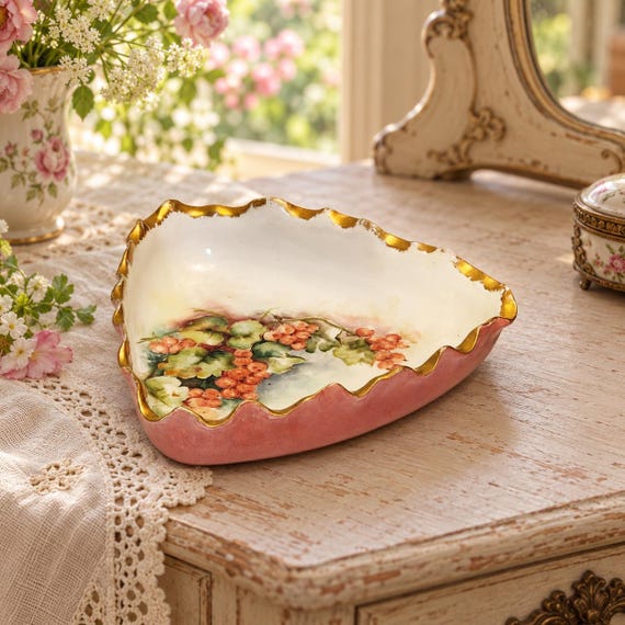 Vintage Syracuse China Triangular Trinket Dish, Hand-Painted Berries, Pink & Gold Scalloped Bowl, Onondaga Pottery