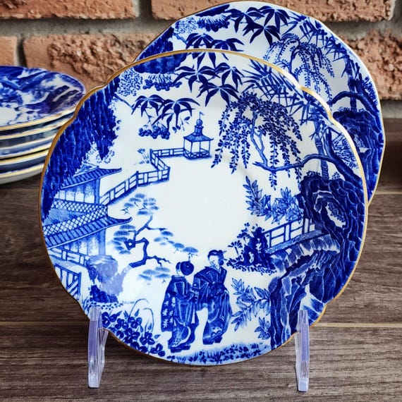 Vintage Royal Crown Derby Blue Mikado Saucers Bone China England Gold Trim Replacement