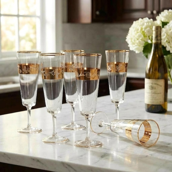 Mid Century Bohemian Lead Crystal Champagne Flutes Set of 6 – 22K Gold Atomic Design
