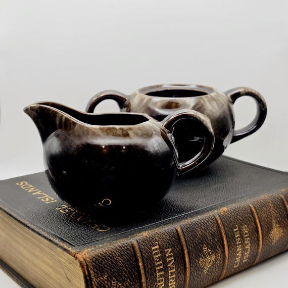 Mid Century Brown Drip Glaze Pottery Cream and Sugar – Vintage Serveware Japan