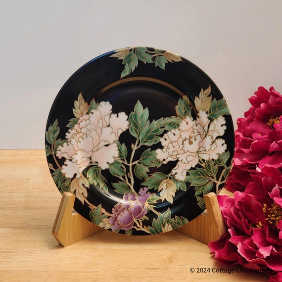 Fitz and Floyd Cloisonné Peony Black Accent Salad Plate