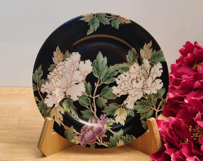 Fitz and Floyd Cloisonné Peony Black Accent Salad Plate