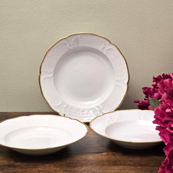 Rosenthal Sanssouci Michelle (Gold Trim) Soup Bowls (Set of 3) – White Embossed Porcelain