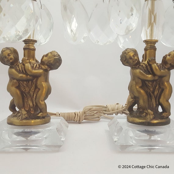 Vintage Hollywood Regency Cherub and Crystal Table Lamps Pair – Mid Century Glamour Lighting