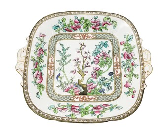 Coalport Indian Tree Scalloped Square Cake Plate with Handles, English Fine Bone China, Antique 1891-1919