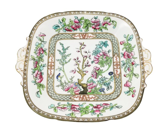 Coalport Indian Tree Scalloped Square Cake Plate with Handles, English Fine Bone China, Antique 1891-1919