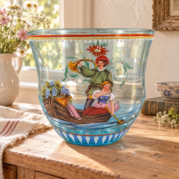 Vintage Hand Blown Enameled Glass Centerpiece Bowl, Venetian Renaissance Style, Courting Couple Rowboat