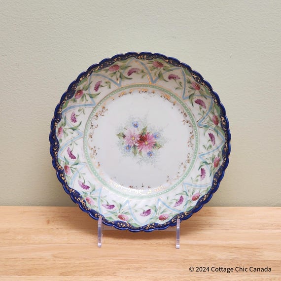 Antique Hand Painted Porcelain Bowl – Bavaria Style Florals Gold Gilt Cobalt Rim Germany