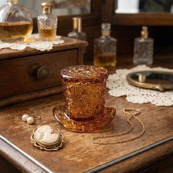 Vintage Fenton Daisy And Button Amber Glass Top Hat - Toothpick Holder USA