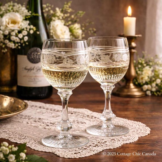 Bohemian Czech Crystal Wine Glasses Pair – Etched Floral 24% Lead Crystal – Czechoslovakia