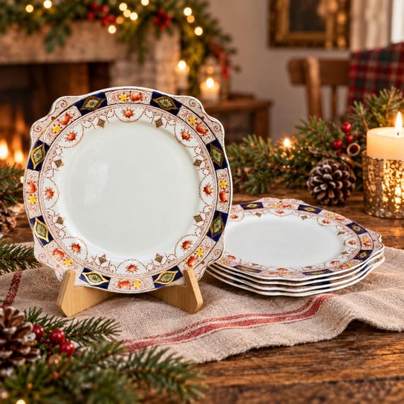 Vintage A. J. Wilkinson Hampton Dinner Plates, Floral Garland & Gold Diamonds, Royal Staffordshire (Set of 5)
