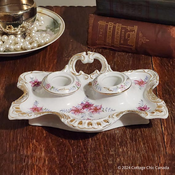 Occupied Japan Andrea by Sadek Hand-Painted Inkwell with Floral and Gold Accents