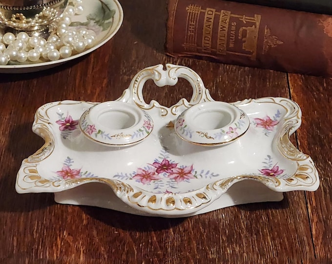 Occupied Japan Andrea by Sadek Hand-Painted Inkwell with Floral and Gold Accents