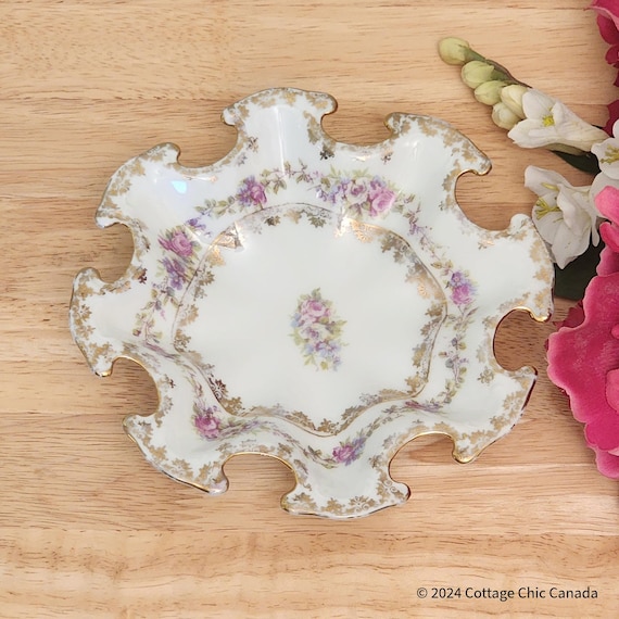Antique Edwardian Pink Floral Dish – Rococo Lobed Gilded Porcelain Attributed to Victoria Carlsbad Austria