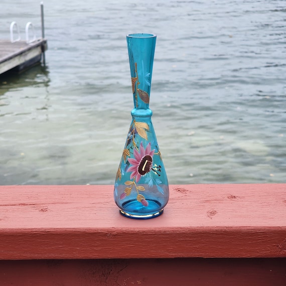 Handblown Blue Glass Bud Vase – Vintage Mid-Century Hand-Painted Enamel Decor