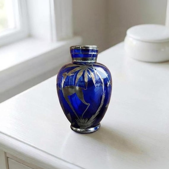Mid Century Bohemian Mini Vase – Collectible Cobalt Glass Silver Overlay Deer Scene