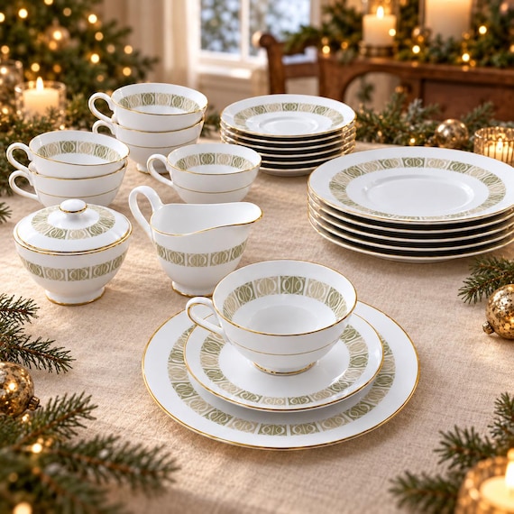 Vintage Tuscan Contessa Bone China Tea Service for Six, Pale Green Gold Trim (20 Pieces)