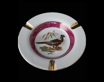Japanese Hand Painted Pink and Gold Pheasant Ashtray Trinket Dish
