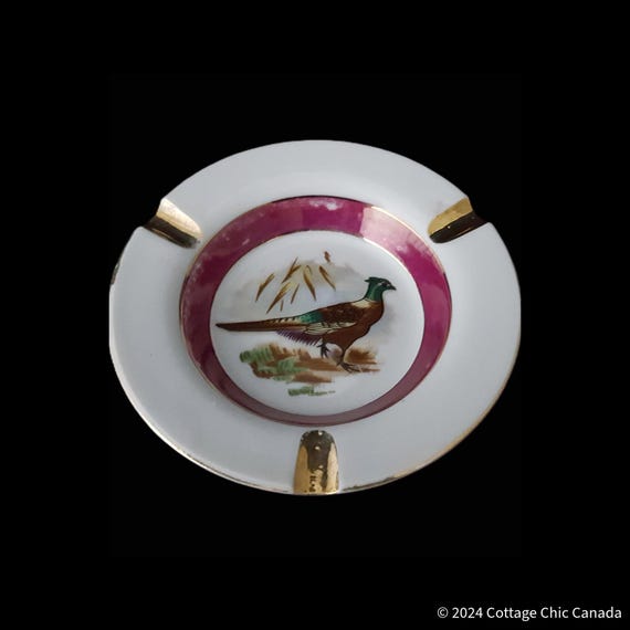 Japanese Hand Painted Pink and Gold Pheasant Ashtray Trinket Dish