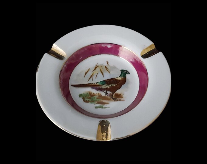 Japanese Hand Painted Pink and Gold Pheasant Ashtray Trinket Dish