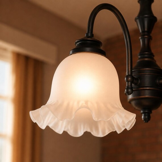 Vintage Frosted Glass Ruffled Chandelier Lamp Shade Replacement 8” Wide