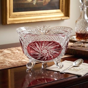 May include: A clear and cranberry red cut glass bowl featuring a complex diamond pattern on the upper rim and a central starburst design on the sides. The bowl is supported by three curved glass feet and has a scalloped, decorative edge.