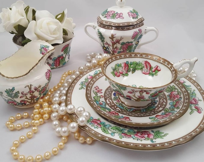 Coalport Indian Tree Footed Tea Cup Trio Set, English Fine Bone China