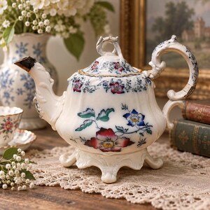 Puede incluir: Una tetera de cerámica blanca con un patrón floral pintado a mano en tonos rojos, azules y verdes. La tetera presenta un asa curva ornamentada, un pico decorativo, una tapa a juego con remate y se apoya sobre cuatro patas esculpidas.