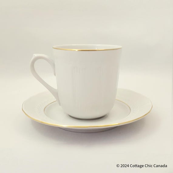 Romanian Tea Cup and Saucer Set, White Fine Bone China Teacup with Gold Trim