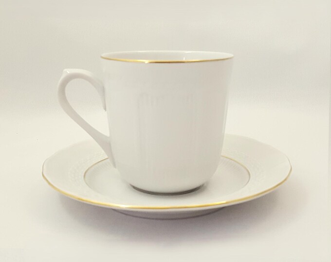 Romanian Tea Cup and Saucer Set, White Fine Bone China Teacup with Gold Trim