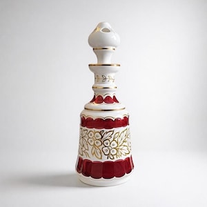 Bohemian Cut to Clear Ruby Overlay Decanter – Gilt Detail – Mid Century Czech