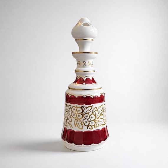 Bohemian Cut to Clear Ruby Overlay Decanter – Gilt Detail – Mid Century Czech